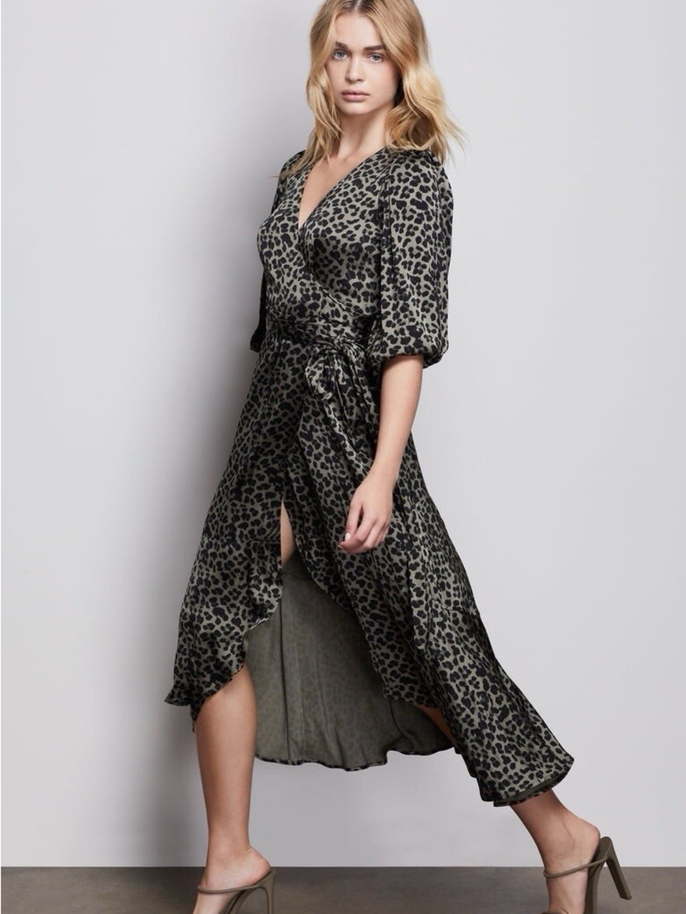 Good American Leopard Print Wrap Asymmetrical Midi Dress in Sage/Black